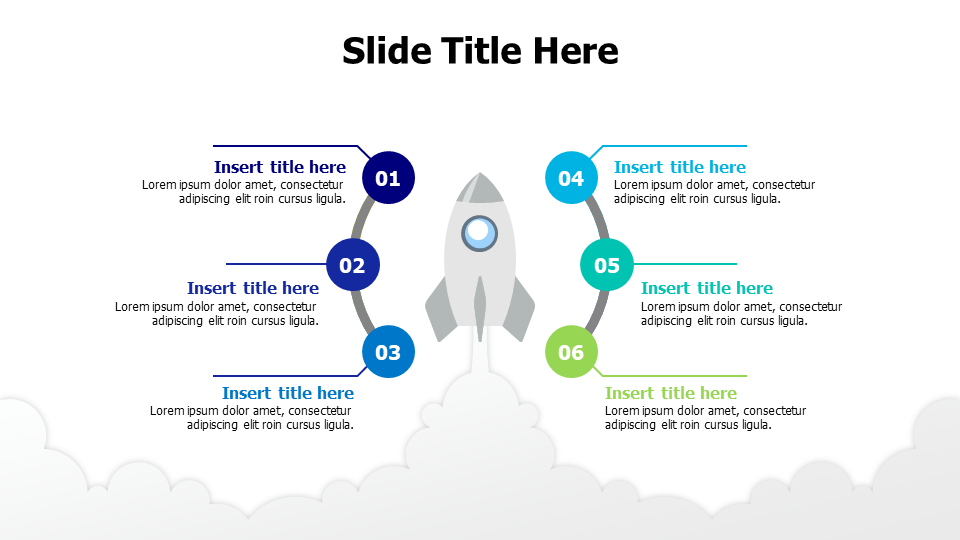 6 points around a flying rocket with fume infographic