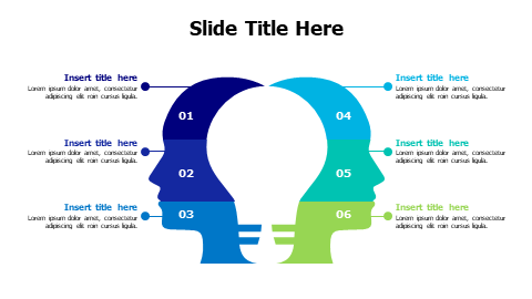 6 points colored humen heads with bulb infographic