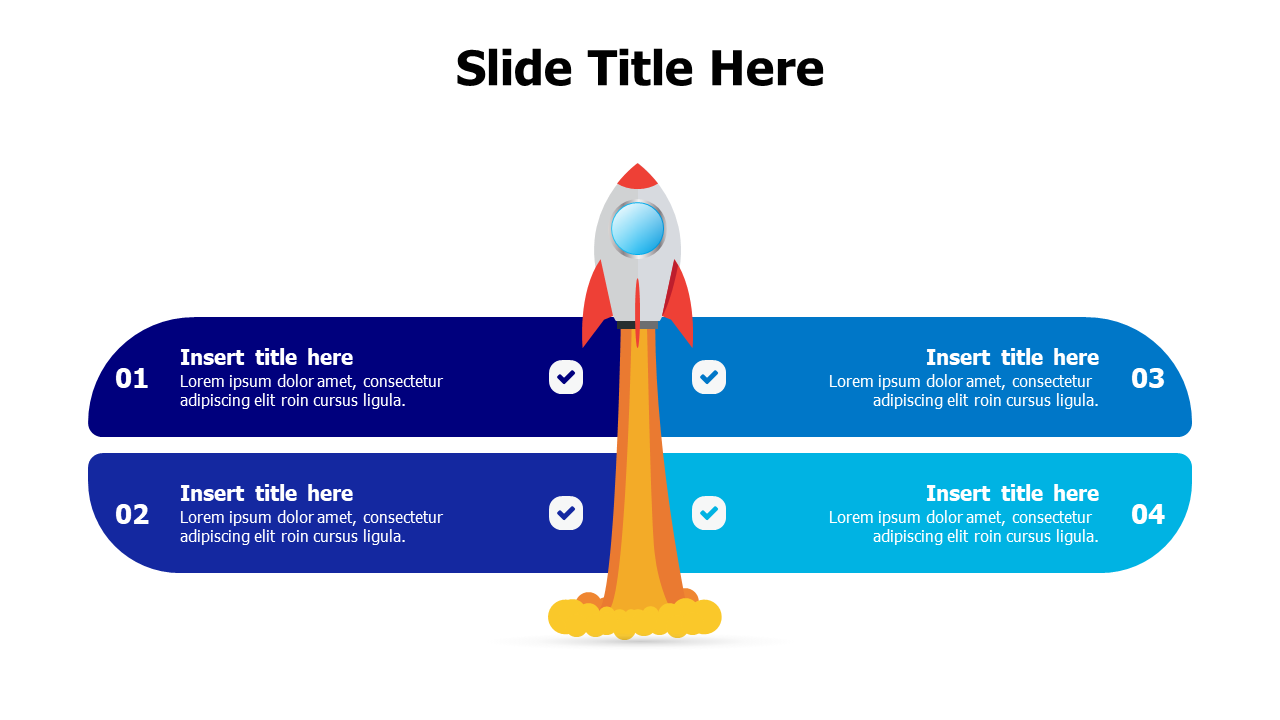 4 colored blocks wih a 3D launching rocket infographic