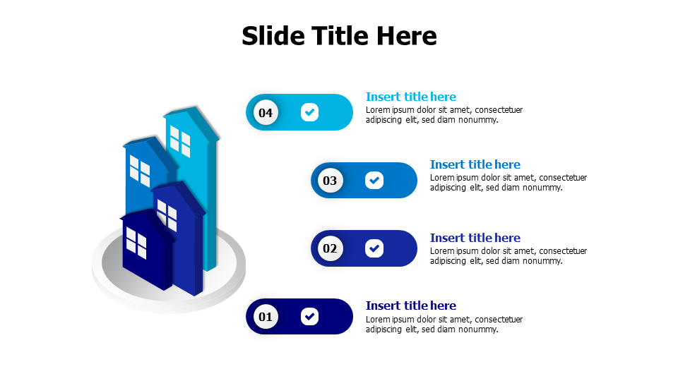 4 points colored houses in different sizes infographic with icons