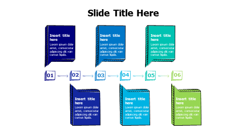 6 colored doodle speech bubbles with numbers on a timeline infographic