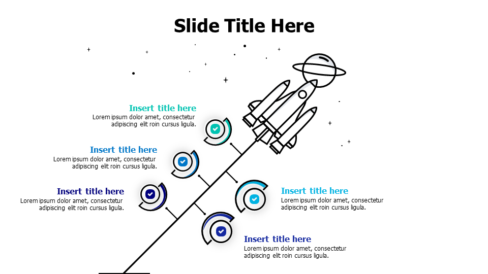 5 points outlined launching rocket infographic with icons