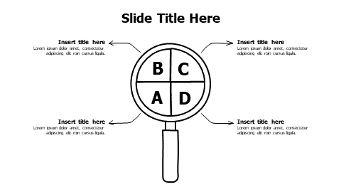 4 points outline magnifying glass with letters infographic
