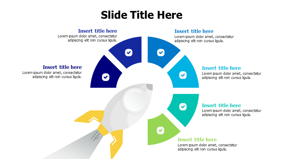 6 points divided colored circle around a rocket infographic
