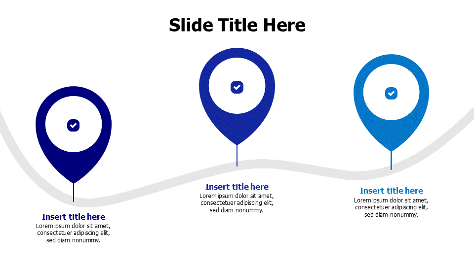 3 points flat location pins on a wavy line infographic