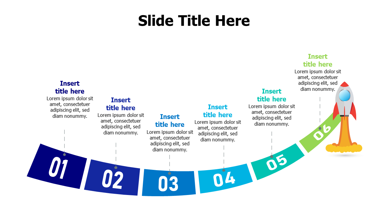 6 points curved line up with launching rocket infographic