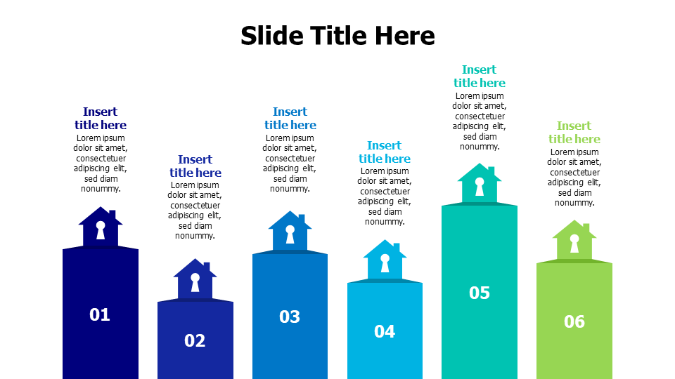 6 colored buildings with numbering infographic