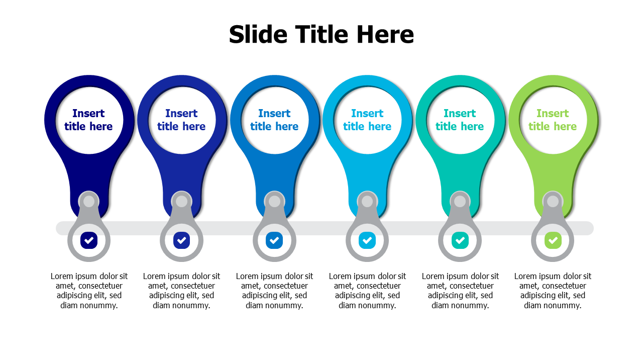 6 aligned shapes with icons and titles infographic