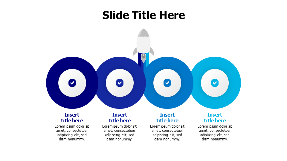 4 points colored circles with rocket infographic