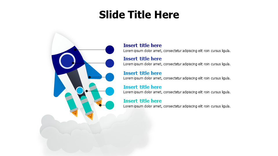 5 points launching colored rocket with fume infographic