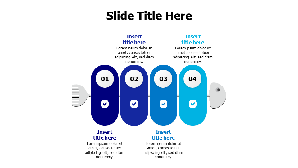 4 colored blocks over a fish bone infographic with icons