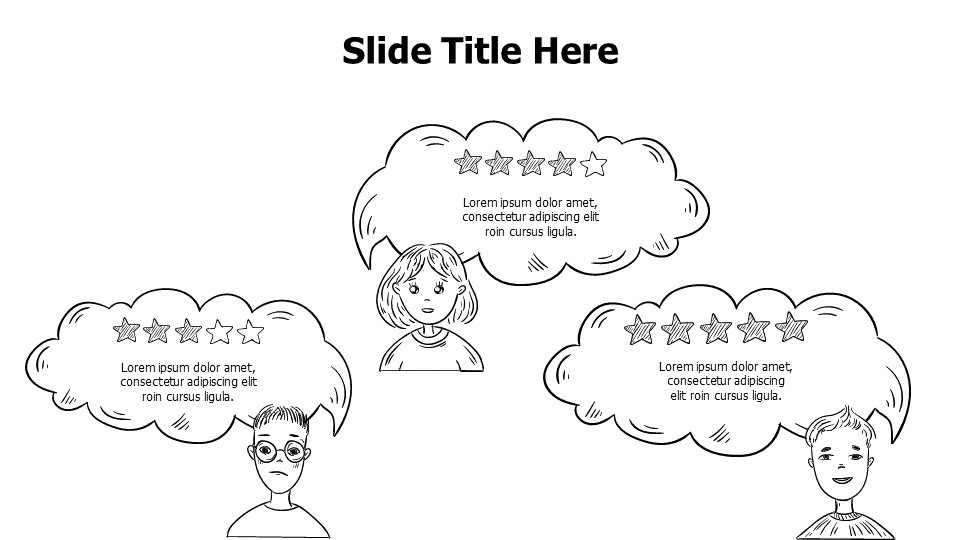 3 outline characters testimonials speech bubbles