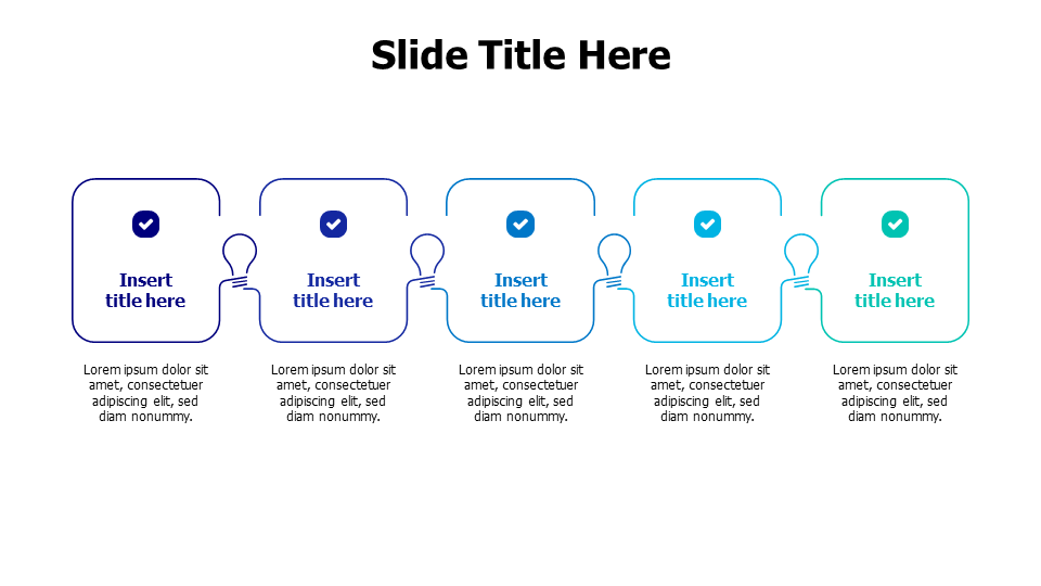 5 points colored outlined blocks with small bulbs infographic