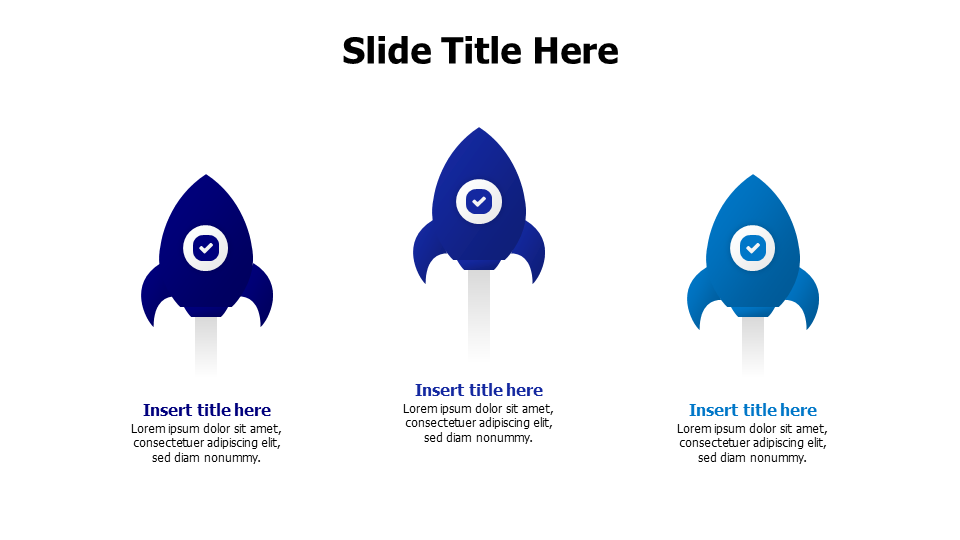 3 colored launching rockets infographic with icons