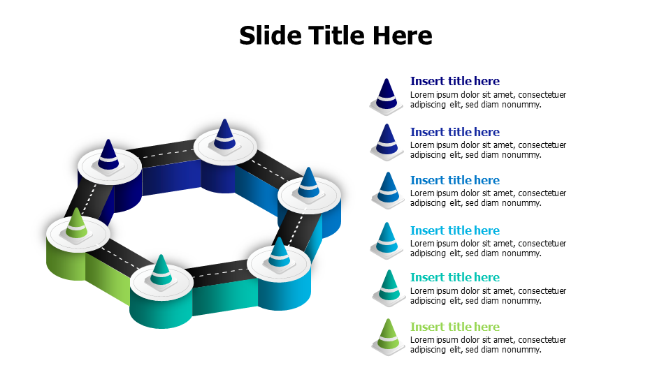 6 traffic cones on a black roadmap infographic