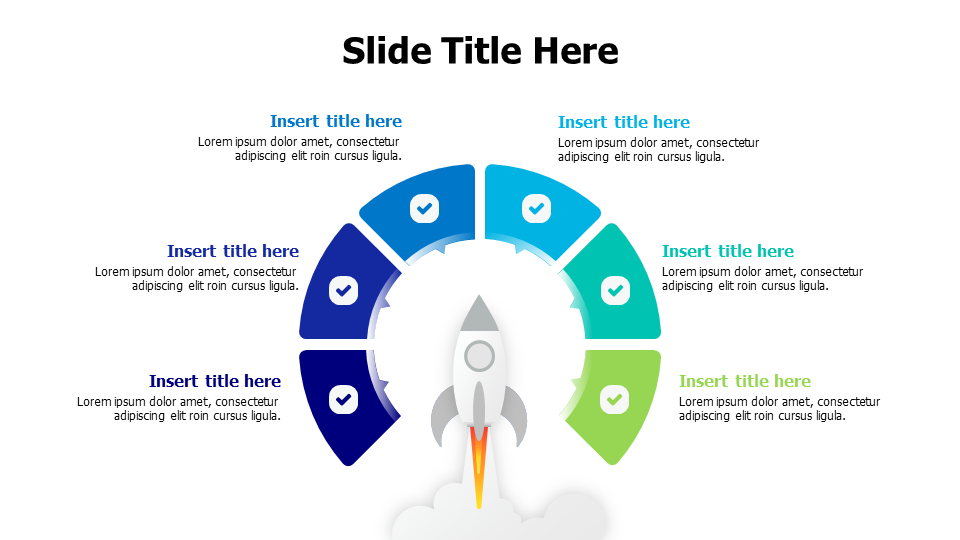 6 points colored blocks aroung a flying rocket infographic