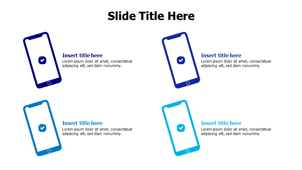 4 colored mobile phones infographic wih icons