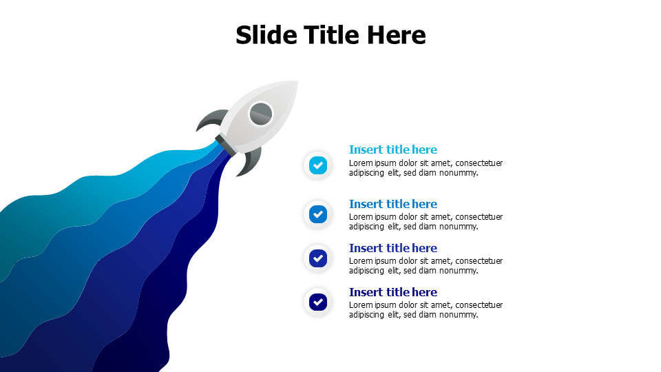 4 points flying rocket with colored curvey stripes infographic