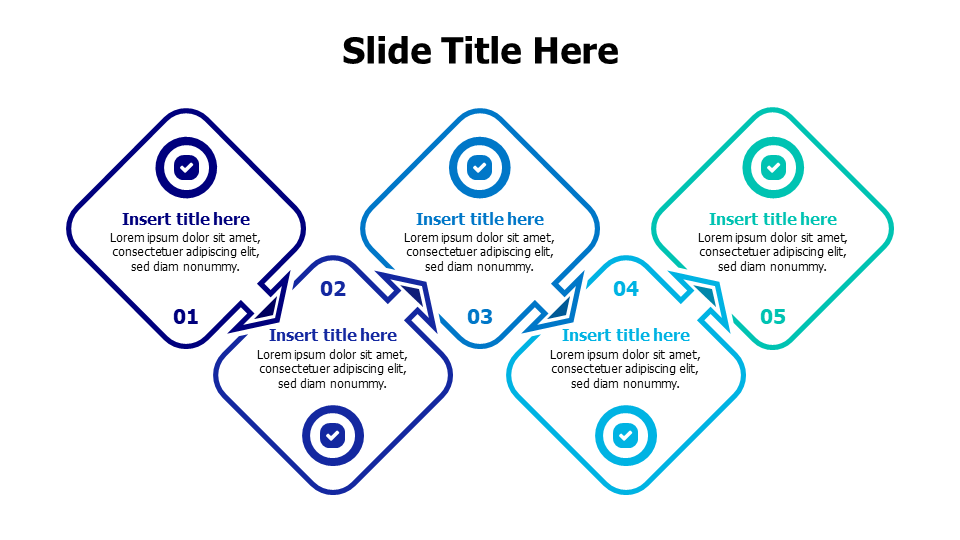 5 rhombus shapes with arrow process infographic