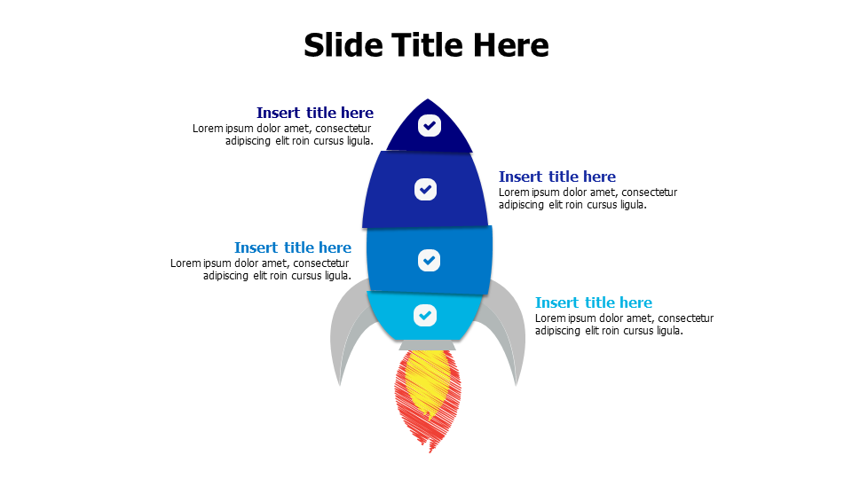 4 points divided colored rocket and flame infographic