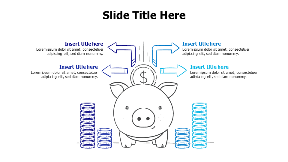 4 points sketchy piggy bank with coins and arrows infographic