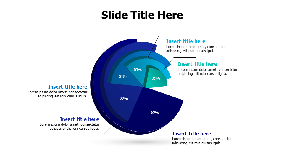 5 points 3D growing colored pie chart infographic