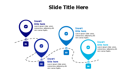 4 colored location pins on a dotted line infographic