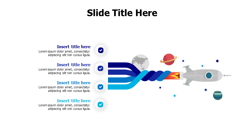 4 points from a flying rocket with planets and stars infographic