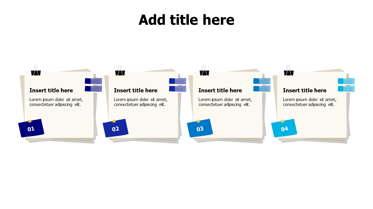 4 square sticky notes with black binder clip