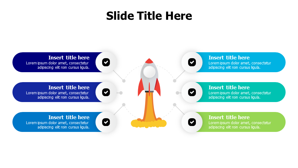 6 points launching rocket with 6 colored stripes infographic