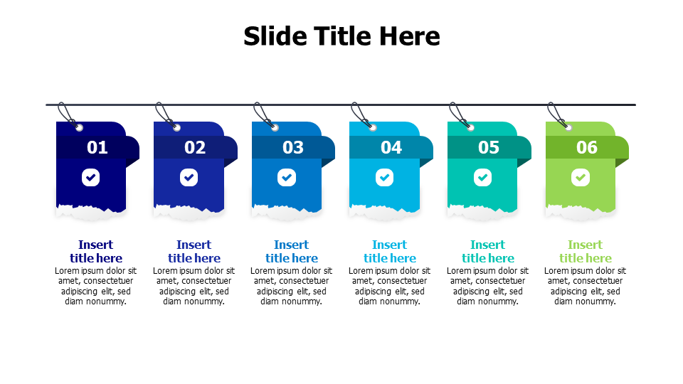 6 points colored cutout labels with icons infographic
