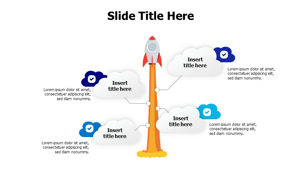 4 points launching rocket with 4 clouds infographic
