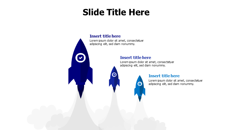 3 colored flat rockets with smoke infographic